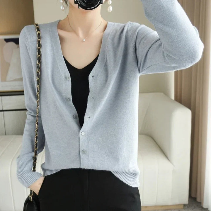 Women's Buttoned Knit Cardigan with V-Neck