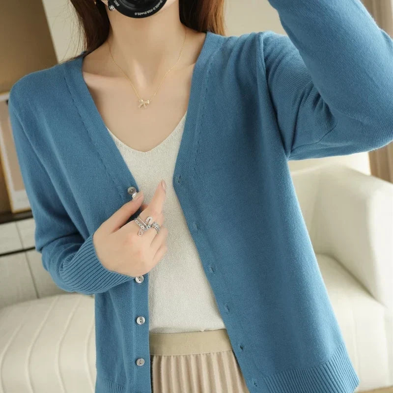 Women's Buttoned Knit Cardigan with V-Neck