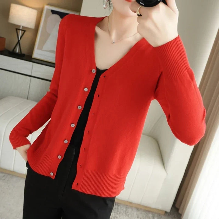 Women's Buttoned Knit Cardigan with V-Neck
