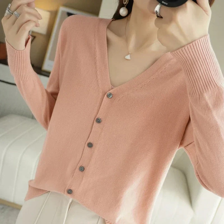 Women's Buttoned Knit Cardigan with V-Neck