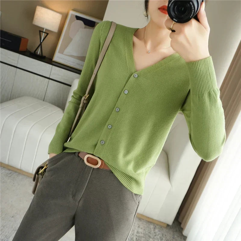 Women's Buttoned Knit Cardigan with V-Neck