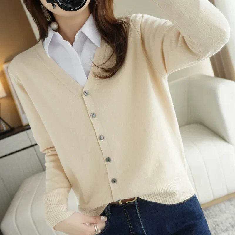 Women's Buttoned Knit Cardigan with V-Neck