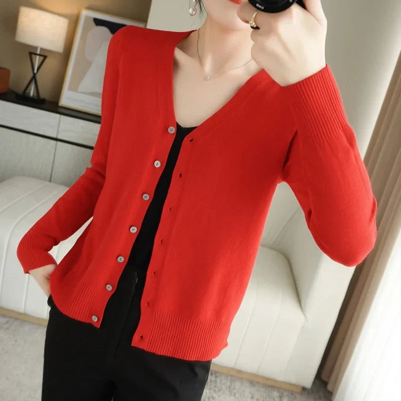 Women's Buttoned Knit Cardigan with V-Neck