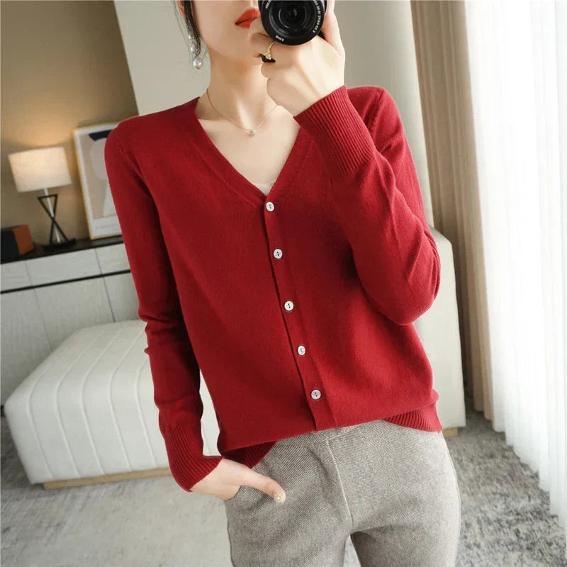 Women's Buttoned Knit Cardigan with V-Neck