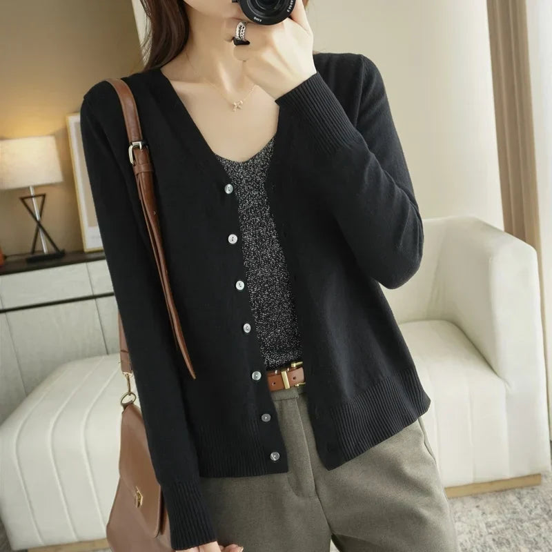 Women's Buttoned Knit Cardigan with V-Neck
