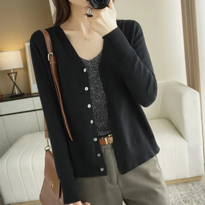 Women's Buttoned Knit Cardigan with V-Neck