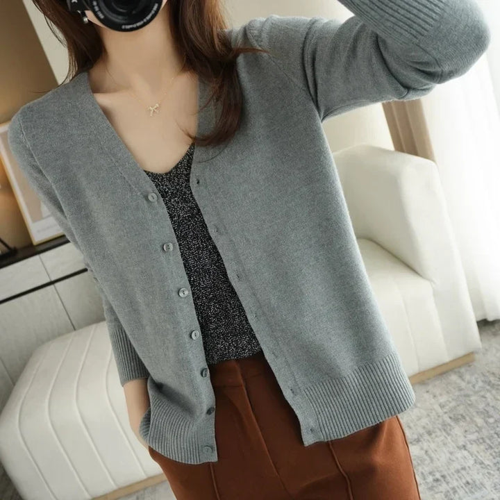 Women's Buttoned Knit Cardigan with V-Neck