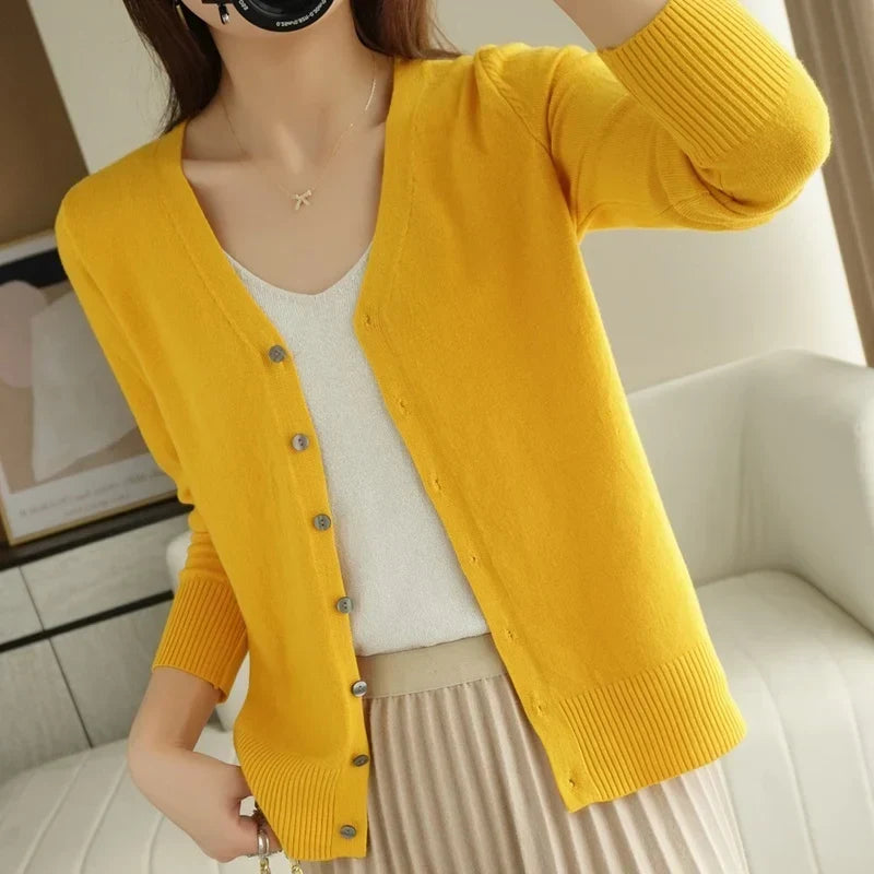 Women's Buttoned Knit Cardigan with V-Neck
