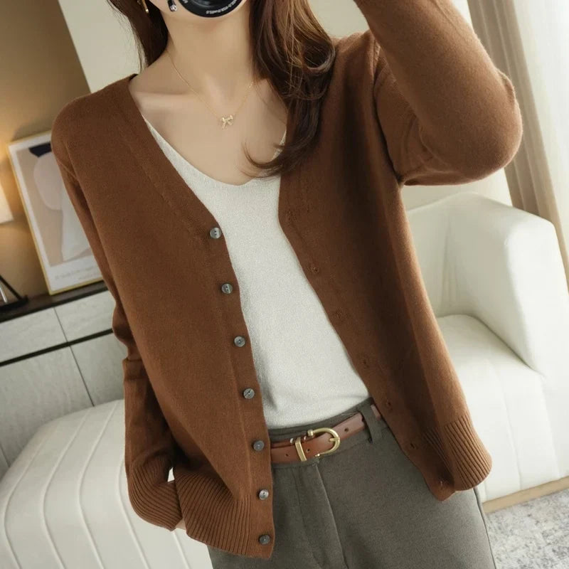 Women's Buttoned Knit Cardigan with V-Neck