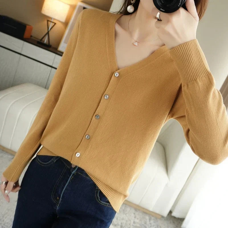 Women's Buttoned Knit Cardigan with V-Neck