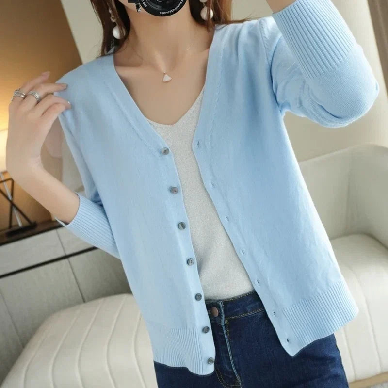 Women's Buttoned Knit Cardigan with V-Neck