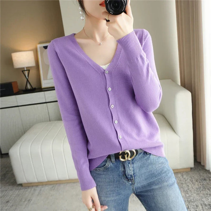 Women's Buttoned Knit Cardigan with V-Neck