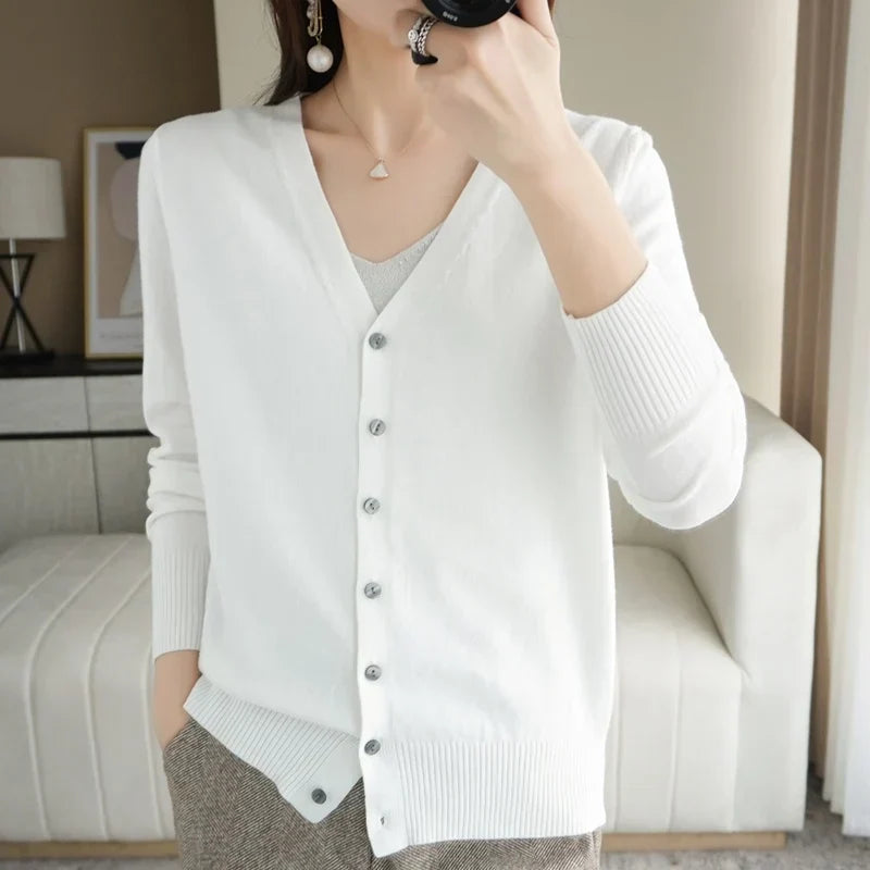 Women's Buttoned Knit Cardigan with V-Neck