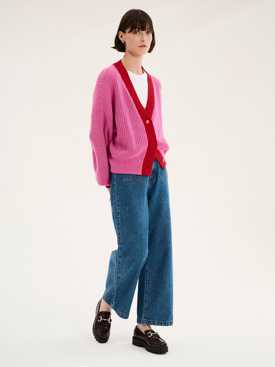 Women's V-Neck Button Cardigan with Contrast Trim