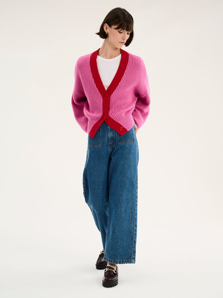 Women's V-Neck Button Cardigan with Contrast Trim
