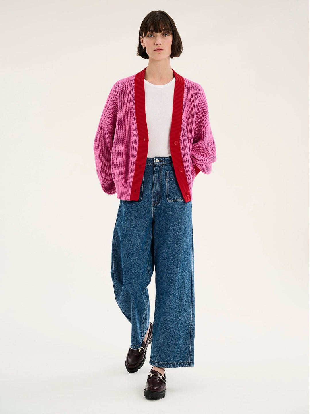 Women's V-Neck Button Cardigan with Contrast Trim