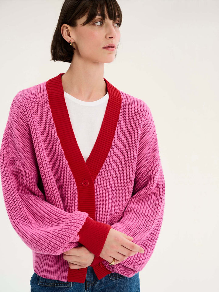 Women's V-Neck Button Cardigan with Contrast Trim
