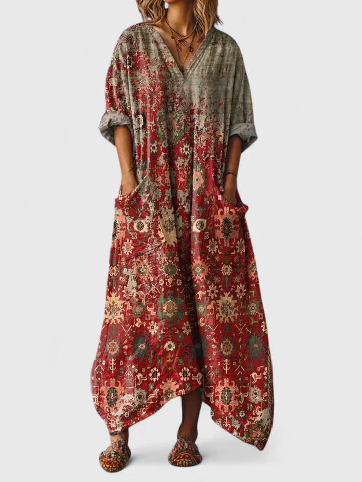 Robe Maxi Bohème Coton Imprimé Femme Poches