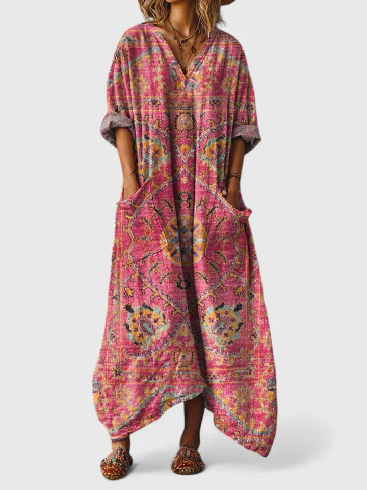 Robe Maxi Bohème Coton Imprimé Femme Poches