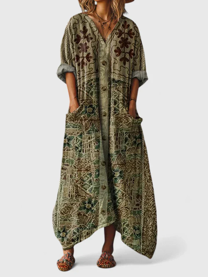 Robe Maxi Bohème Coton Imprimé Femme Poches