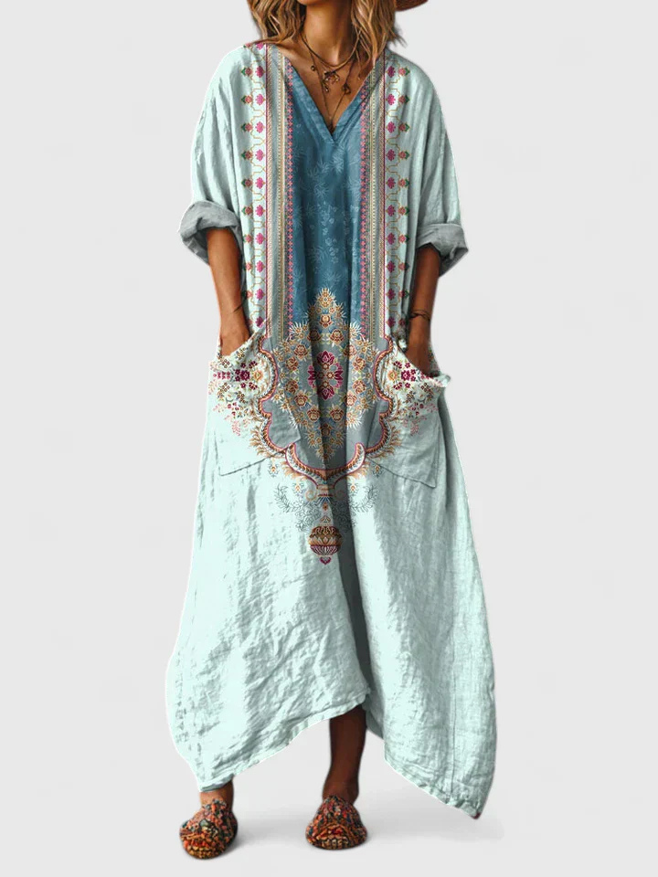 Robe Maxi Bohème Coton Imprimé Femme Poches