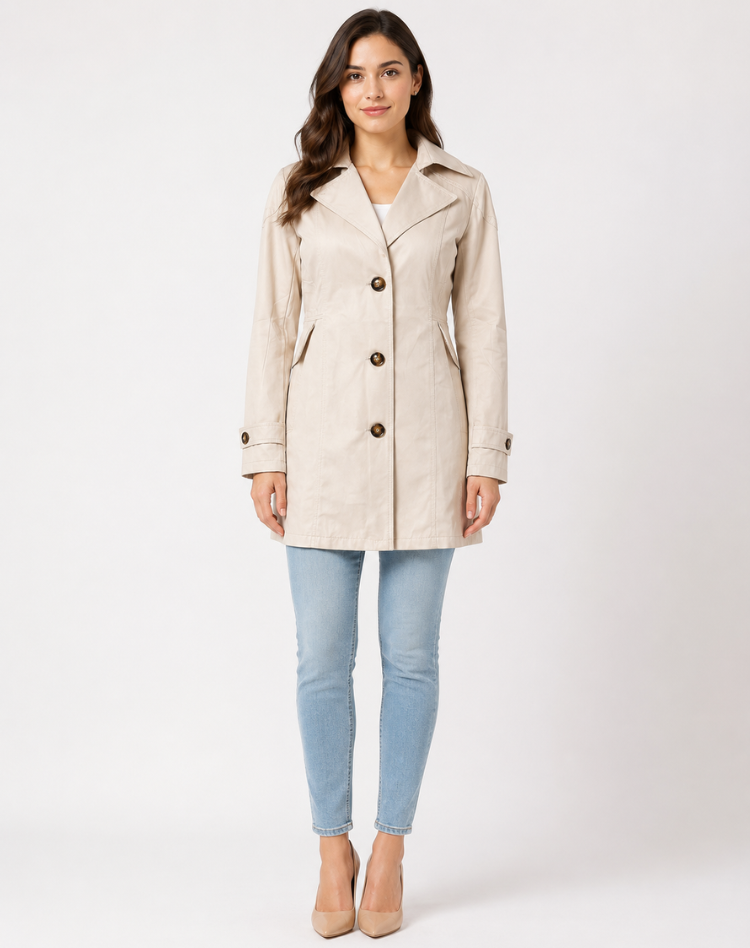 Klassisk, halvlang dobbeltspent trenchcoat for dame