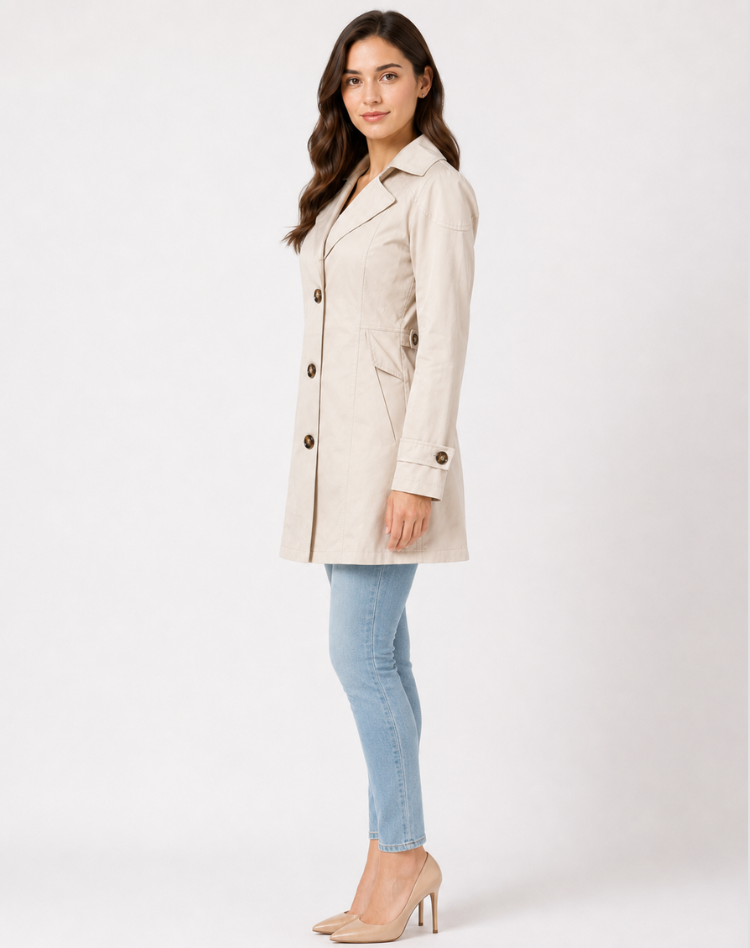 Klassisk, halvlang dobbeltspent trenchcoat for dame