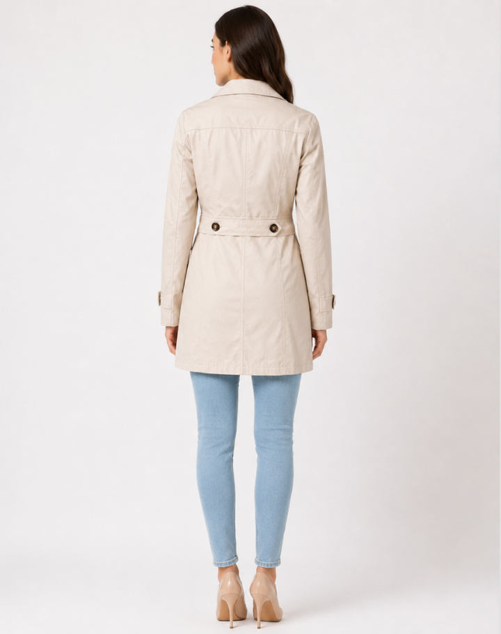Klassisk, halvlang dobbeltspent trenchcoat for dame