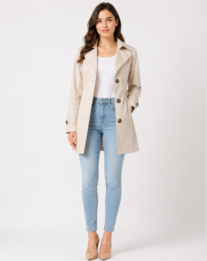Klassisk, halvlang dobbeltspent trenchcoat for dame