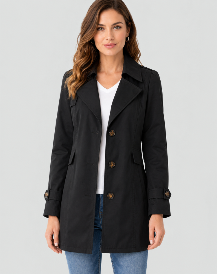 Klassisk, halvlang dobbeltspent trenchcoat for dame