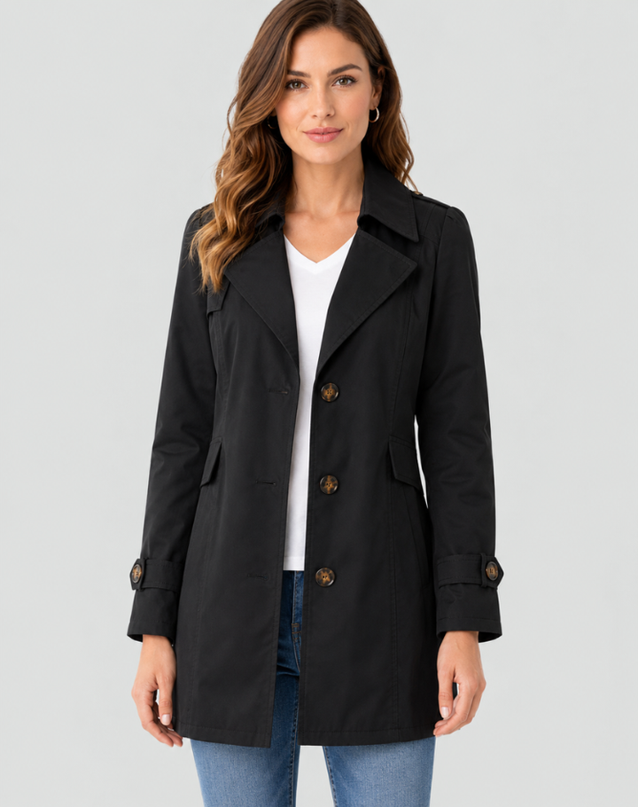 Klassisk, halvlang dobbeltspent trenchcoat for dame