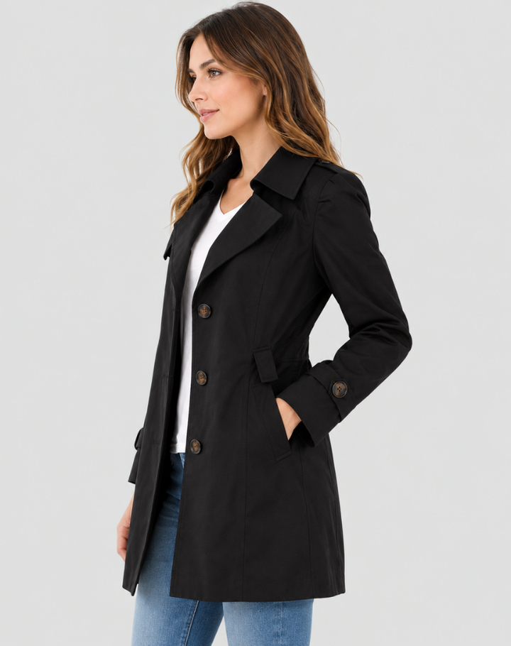 Klassisk, halvlang dobbeltspent trenchcoat for dame