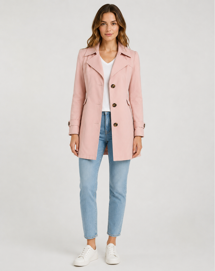 Klassisk, halvlang dobbeltspent trenchcoat for dame