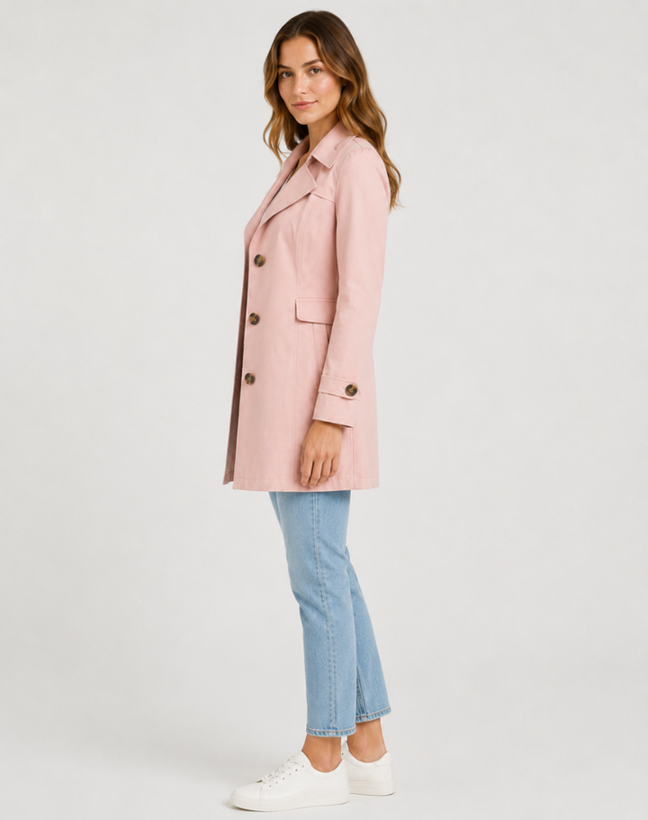 Klassisk, halvlang dobbeltspent trenchcoat for dame