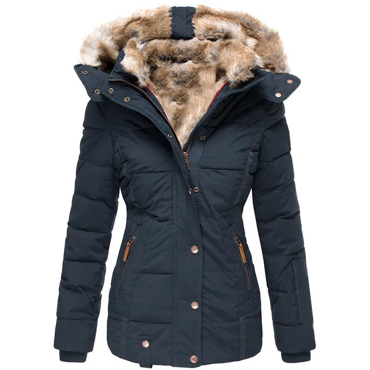 Parka Matelassée à Capuche Doublée de Fourrure Pour Femme