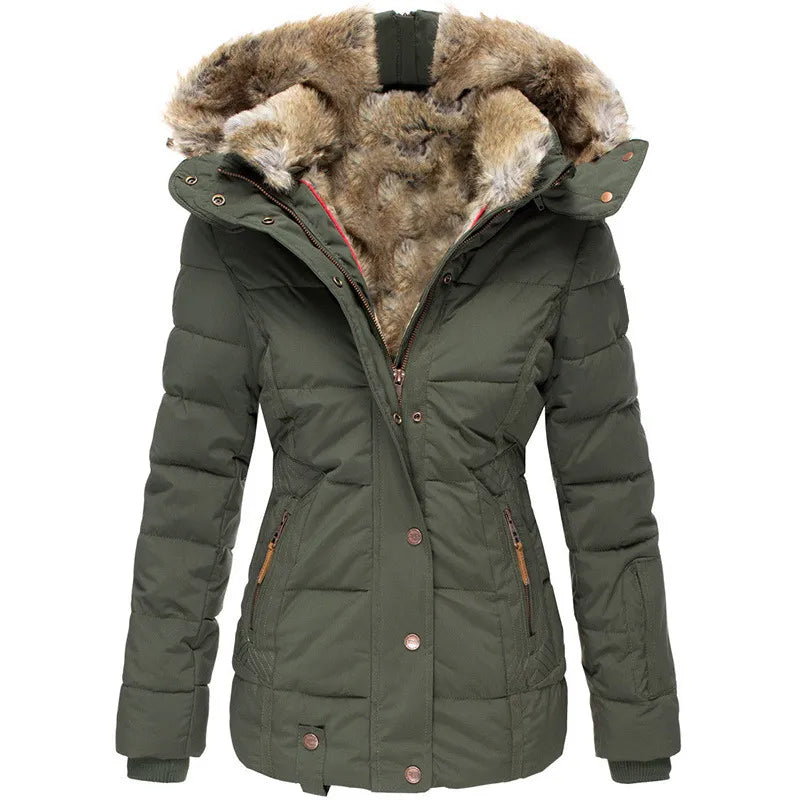 Parka Matelassée à Capuche Doublée de Fourrure Pour Femme