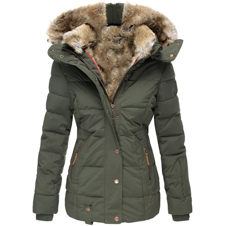 Parka Matelassée à Capuche Doublée de Fourrure Pour Femme