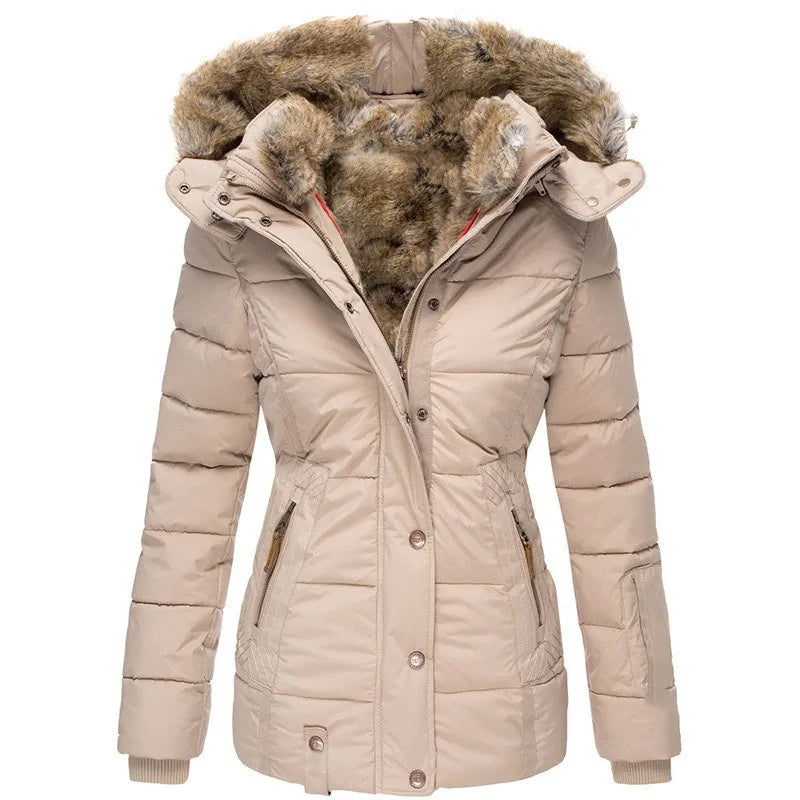 Parka Matelassée à Capuche Doublée de Fourrure Pour Femme