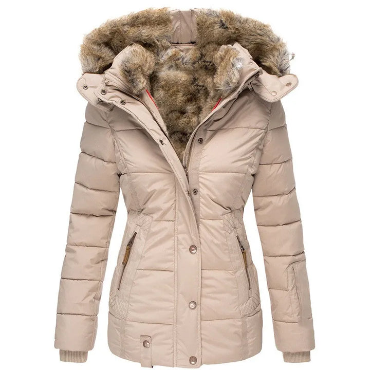 Parka Matelassée à Capuche Doublée de Fourrure Pour Femme
