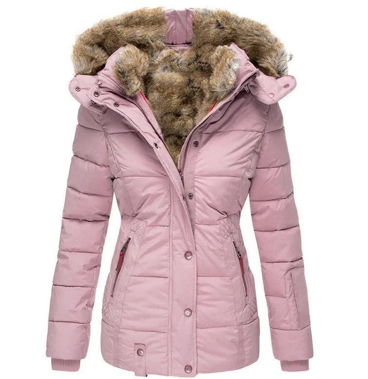 Parka Matelassée à Capuche Doublée de Fourrure Pour Femme