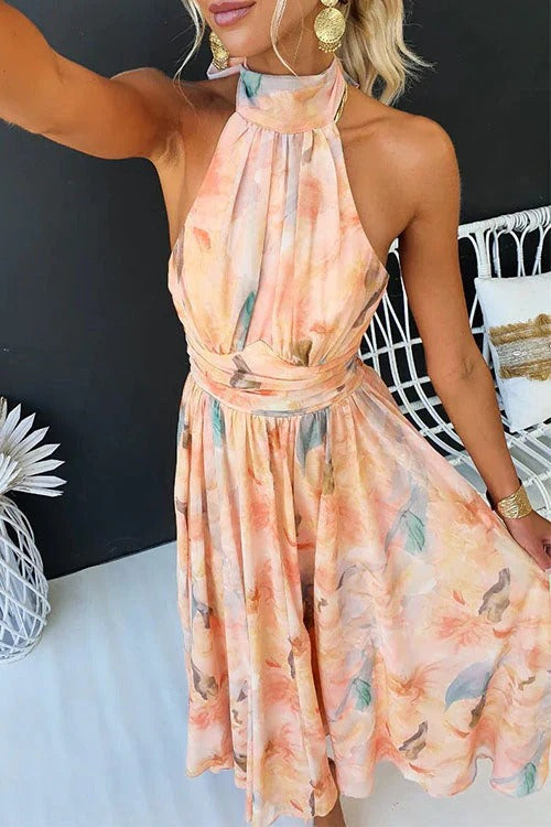 Robe Midi Plissée Femme Col Halter Cérémonie