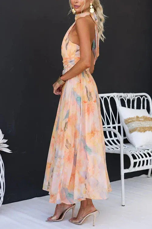 Robe Midi Plissée Femme Col Halter Cérémonie