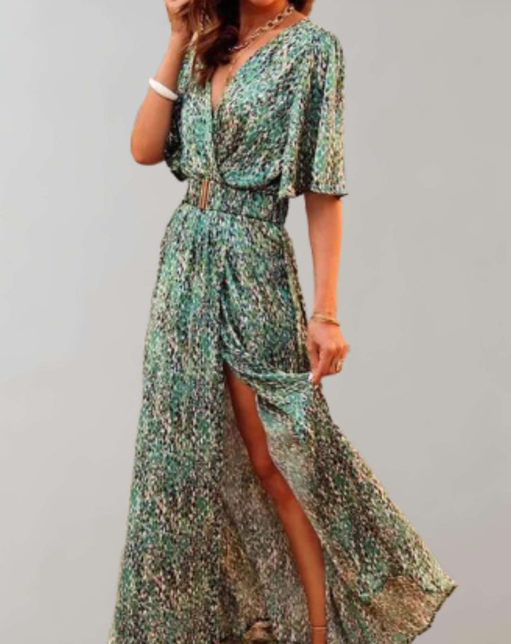 Robe Maxi Imprimée Cache-Cœur Femme Manches Courtes Fendue