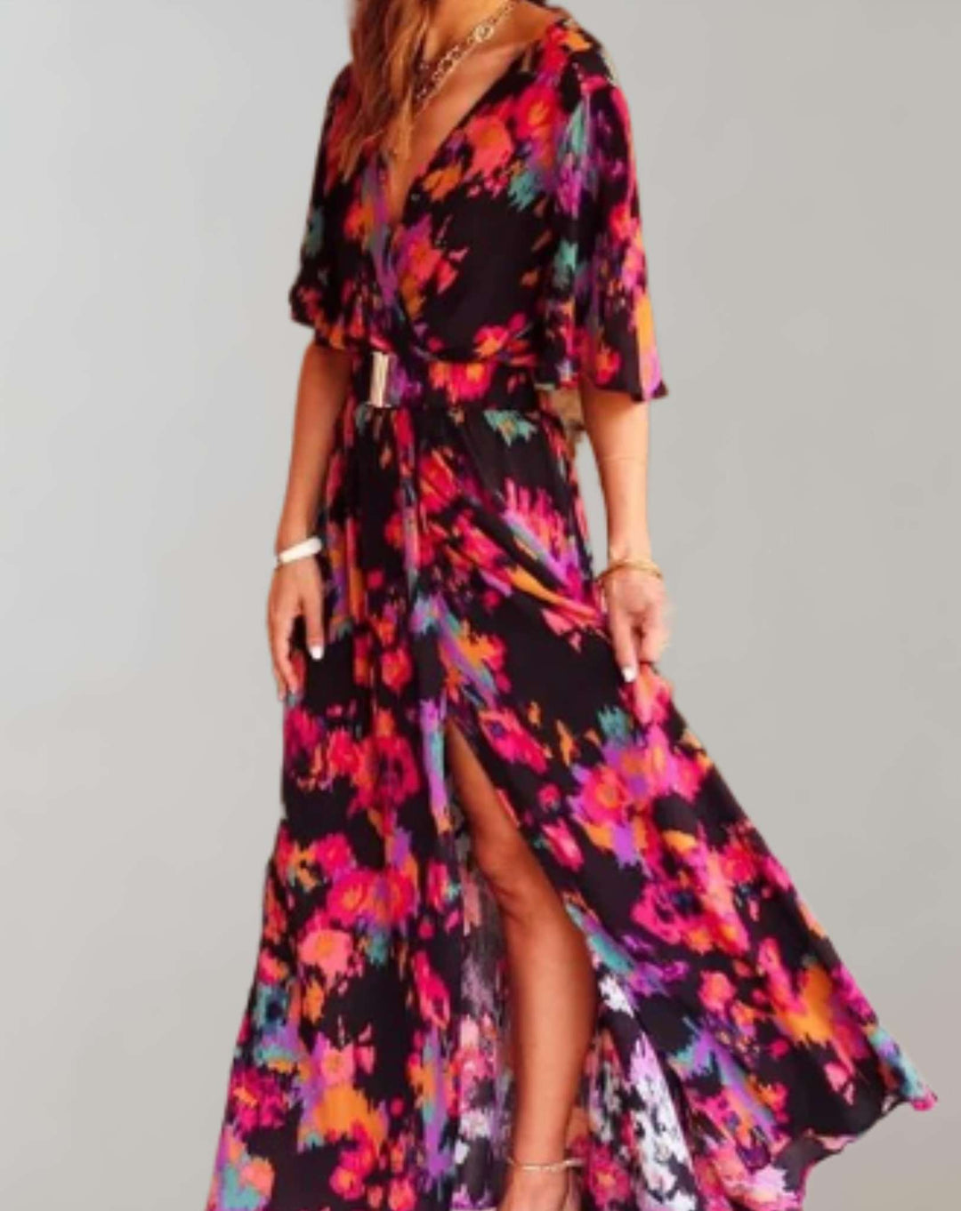 Robe Maxi Imprimée Cache-Cœur Femme Manches Courtes Fendue