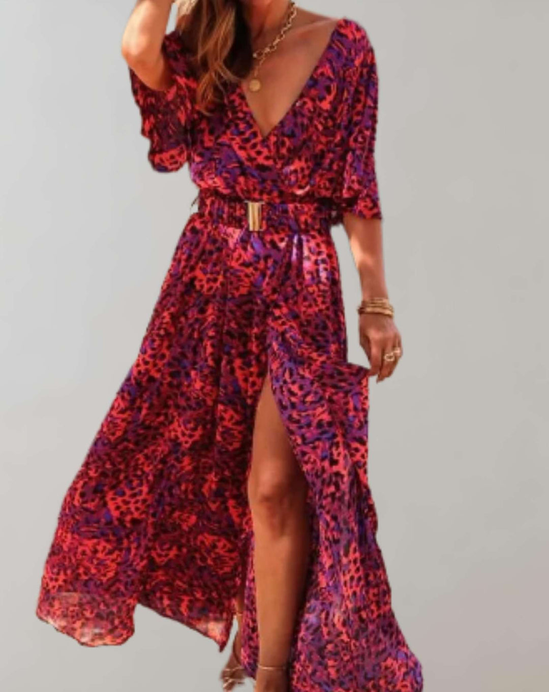Robe Maxi Imprimée Cache-Cœur Femme Manches Courtes Fendue