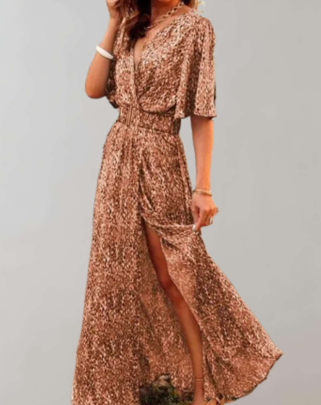 Robe Maxi Imprimée Cache-Cœur Femme Manches Courtes Fendue