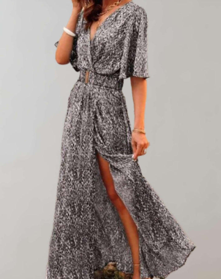 Robe Maxi Imprimée Cache-Cœur Femme Manches Courtes Fendue