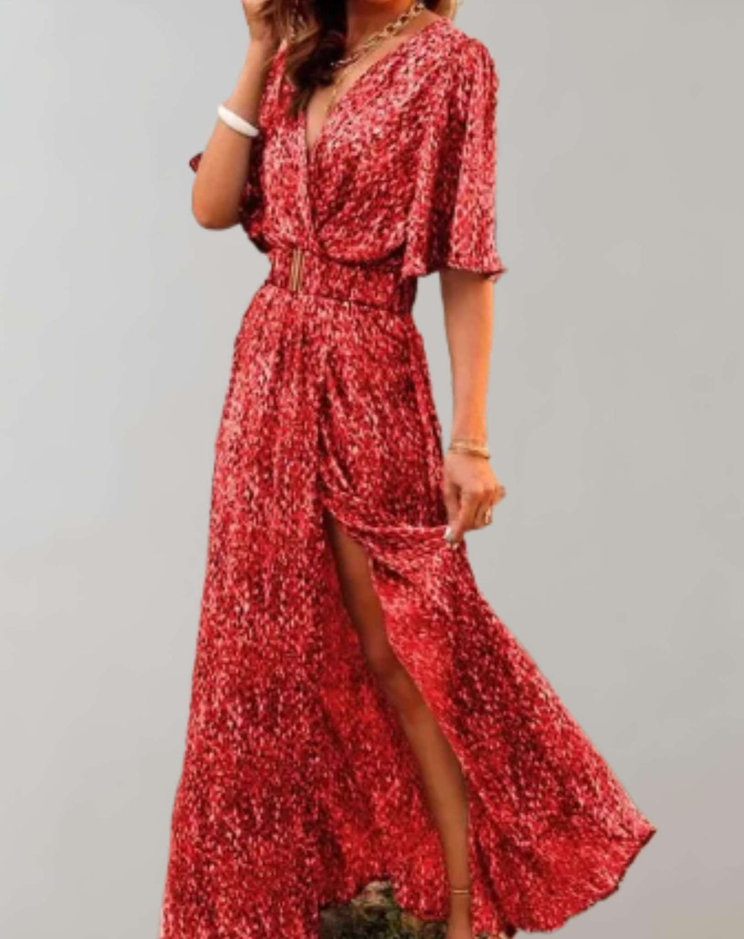 Robe Maxi Imprimée Cache-Cœur Femme Manches Courtes Fendue
