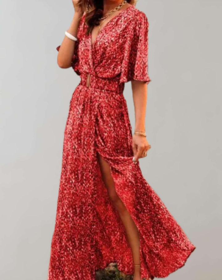 Robe Maxi Imprimée Cache-Cœur Femme Manches Courtes Fendue