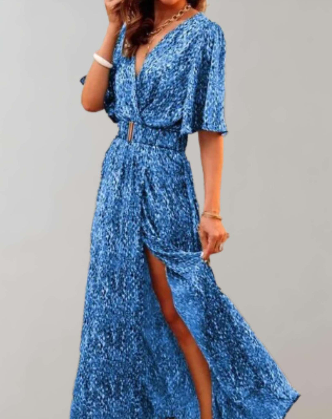 Robe Maxi Imprimée Cache-Cœur Femme Manches Courtes Fendue